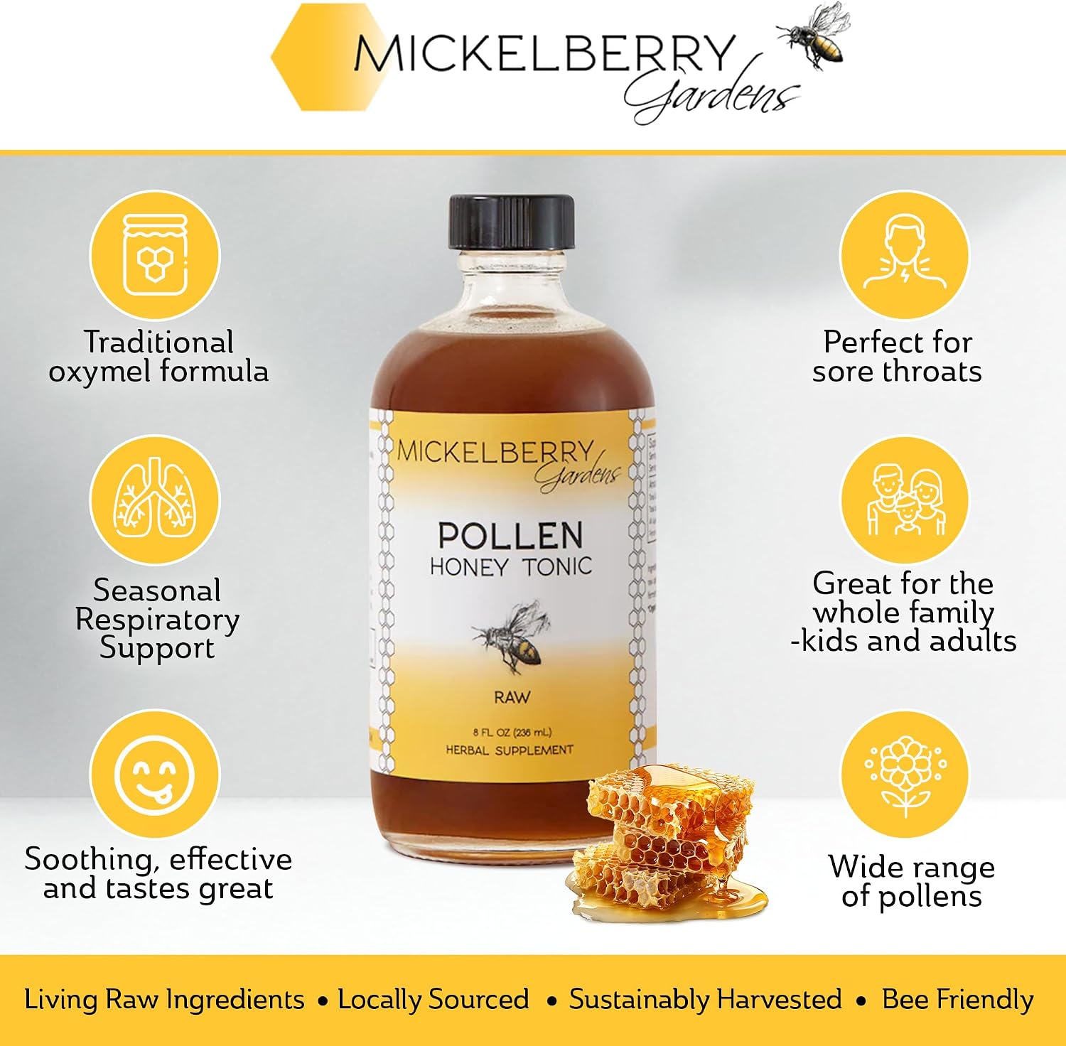 Mickelberry Gardens Pollen Honey Tonic (Pack de 2, 118 ml cada uno) - Apoyo Respiratorio Natural