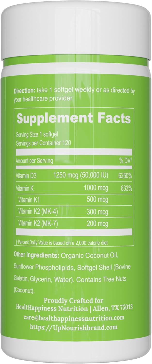 UpNourish Liposomal Vitamin D3 50000 IU with 1000 mcg Vitamin K, High Dose Vitamin D3 K2, Vitamin D 50000 IU with K1, K2 MK-4 and MK-7, 120 Mini Softgels