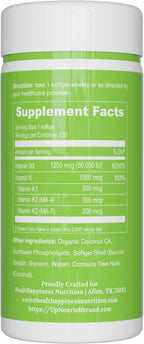 UpNourish Liposomal Vitamin D3 50000 IU with 1000 mcg Vitamin K, High Dose Vitamin D3 K2, Vitamin D 50000 IU with K1, K2 MK-4 and MK-7, 120 Mini Softgels