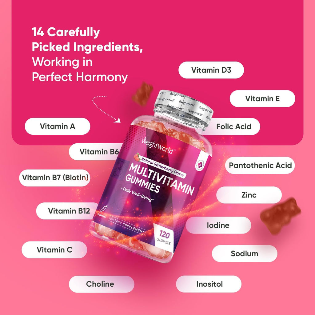 WeightWorld Multivitamínico en Gominolas para Mujeres y Hombres, 14 Vitaminas Clave, 120 Gomitas