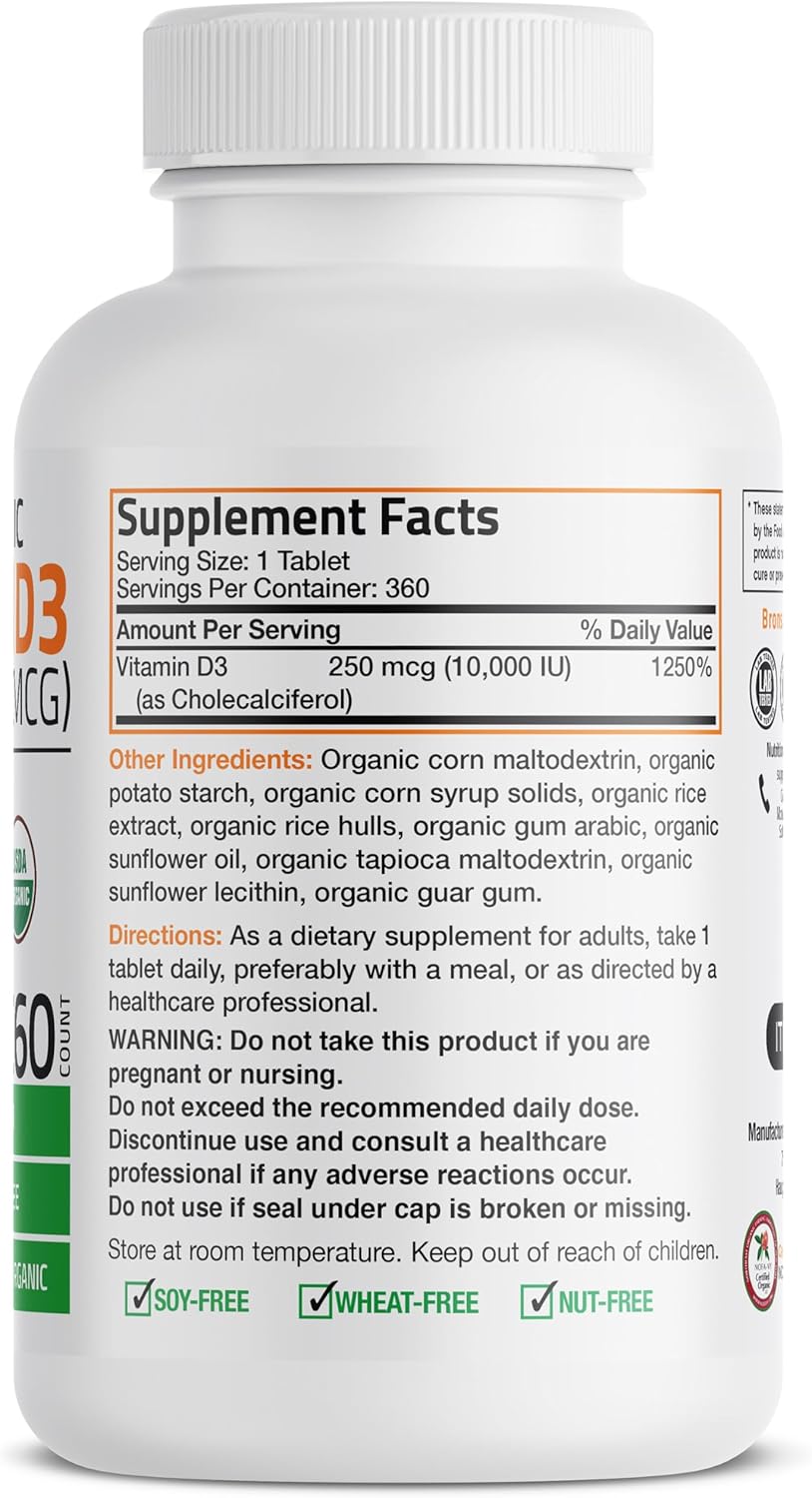 Bronson Vitamina D3 10.000 UI (250 mcg) Orgánica Certificada - 360 Comprimidos