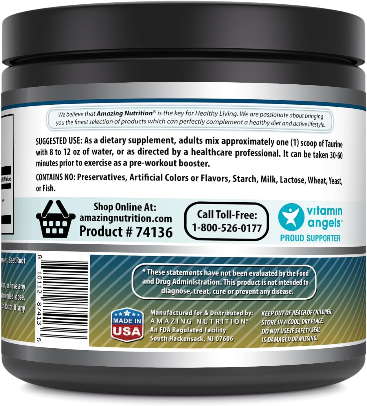 Amazing Formulas Taurina en Polvo 500 g (1.1 lb) | 2000 mg por Ración | 111 Raciones | Sin Gluten | No GMO | Hecho en EE.UU. (Sabor Fruta)