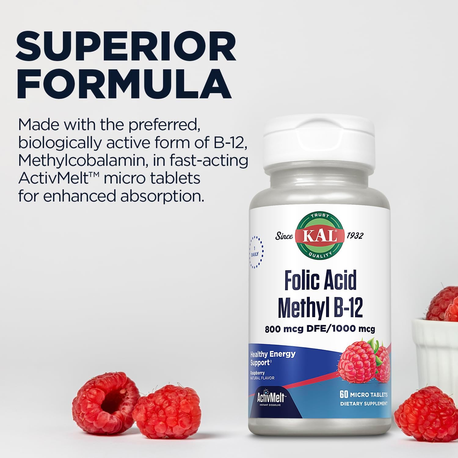 KAL Ácido Fólico 800 mcg con Metil B-12 Comprimidos sabor Frambuesa - 60 unidades