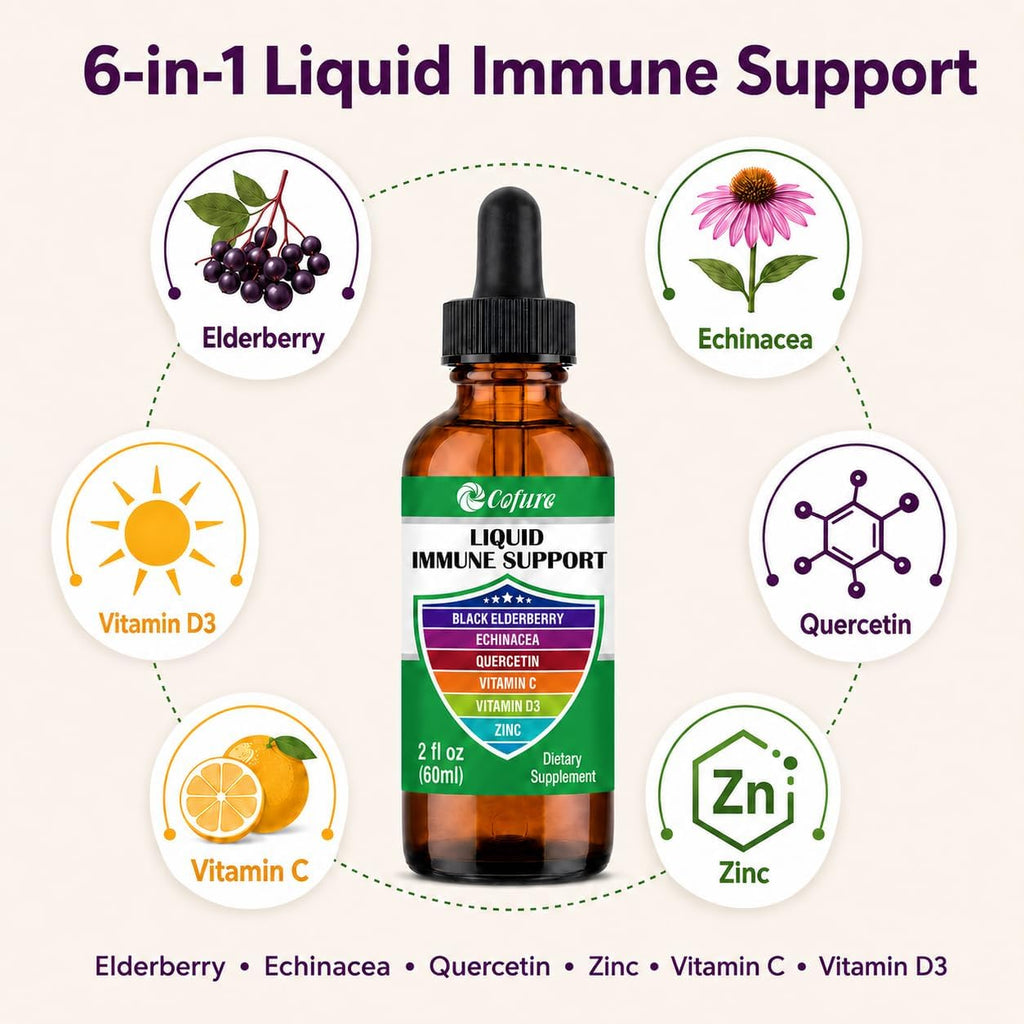 Cofure Zinc Quercetin Vitamina C D3 Líquido con Equinácea y Saúco Ecológicos – Gotas de Defensas para Adultos – Vegano, Sin Gluten – 60 ml (60 dosis)