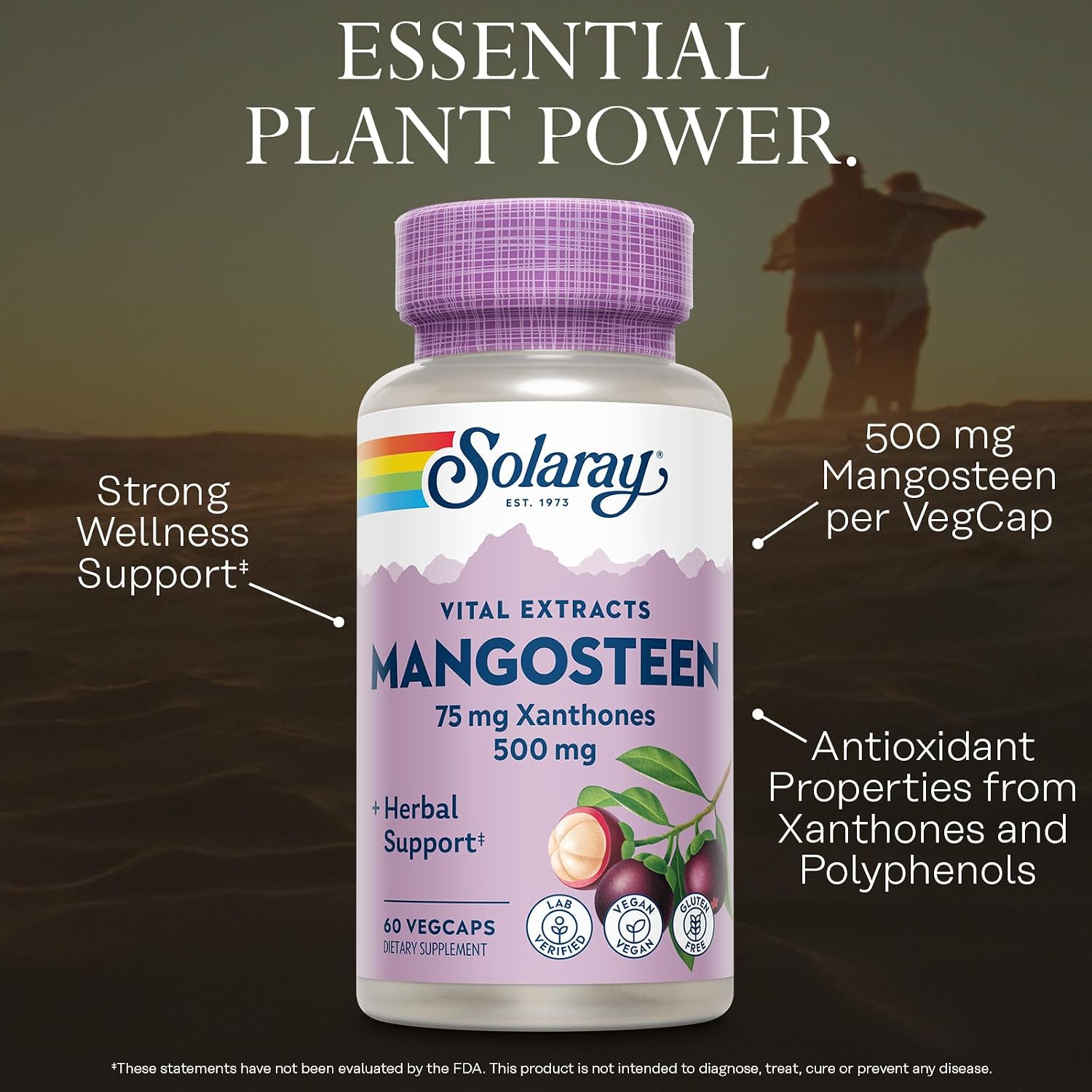 SOLARAY Vital Extracts Mangostán 500mg - Extracto de Fruta de Mangostán con 75mg de Xantonas y 100mg de Polifenoles - Vegano, Sin Gluten - 60 Cápsulas
