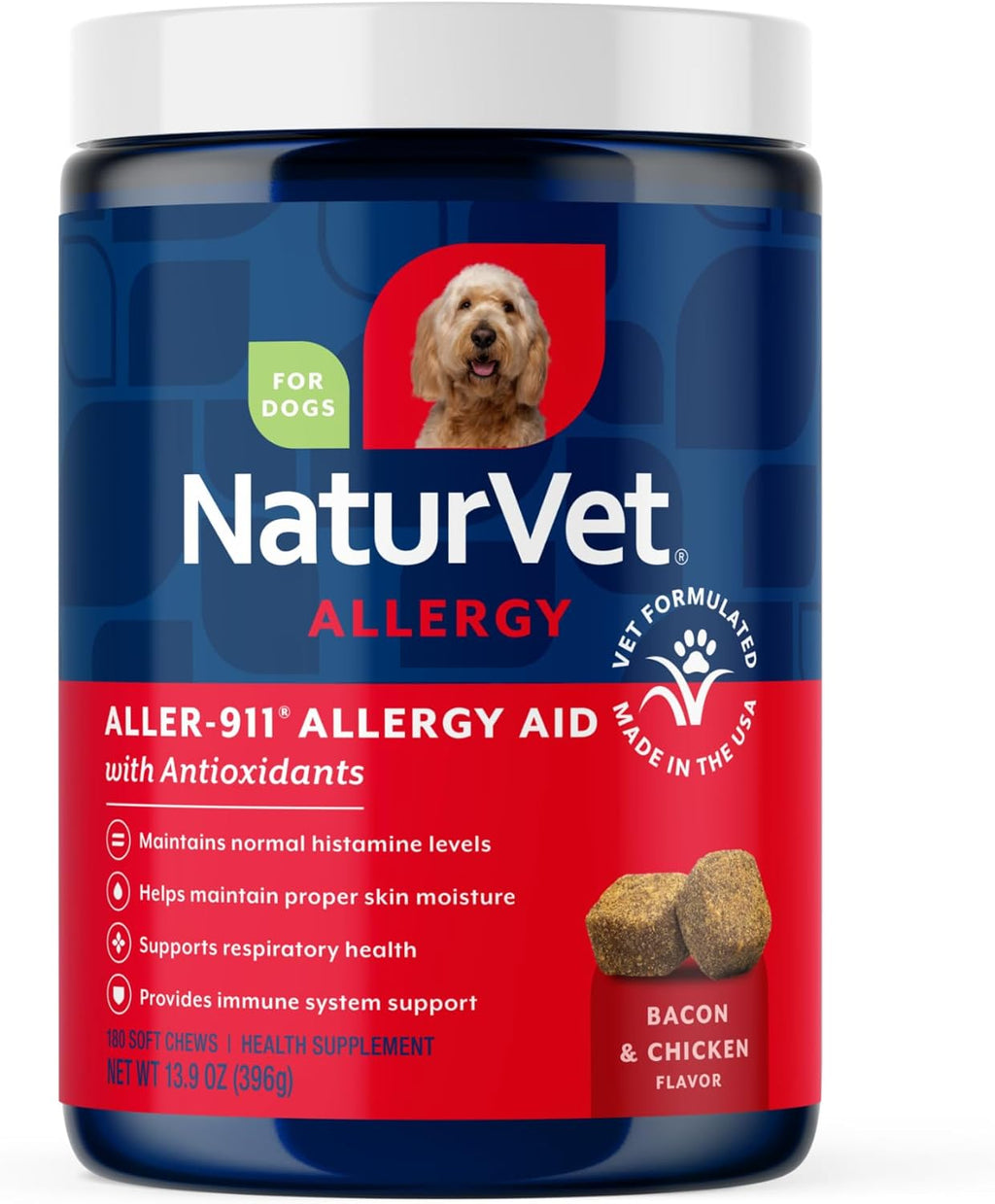 NaturVet Hemp Allergy Aid Suplemento para Alergias en Perros con Cáñamo, Antioxidantes y Omega-3, 120 masticables blandos