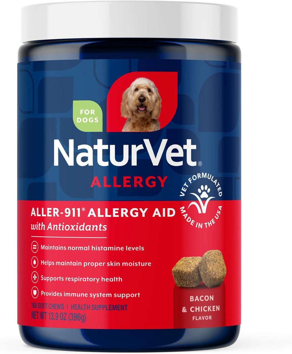 NaturVet Aller-911 Advanced Allergy Aid - Suplemento Antioxidante para Perros y Gatos con Omegas, DHA, EPA - 180 Masticables Blandos
