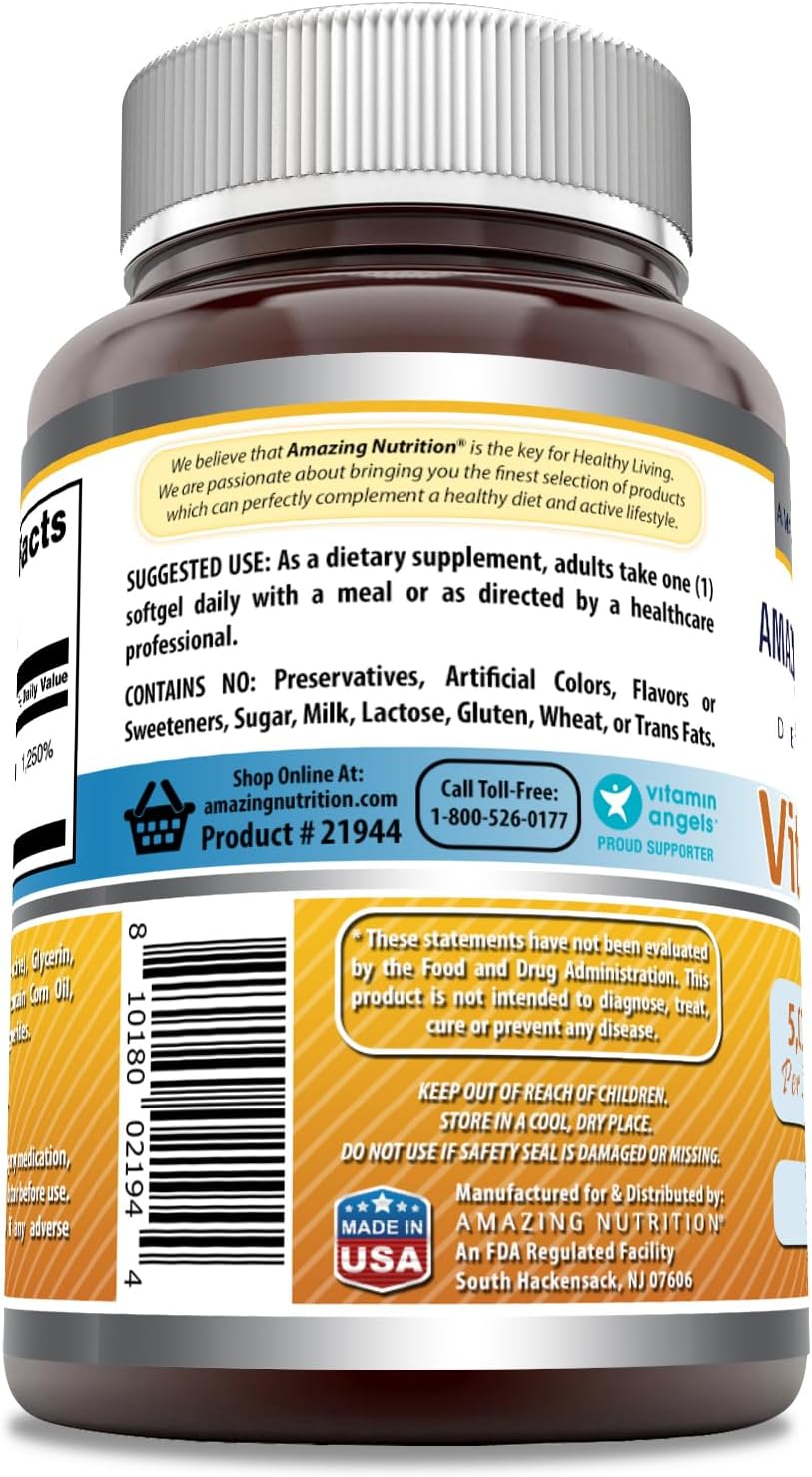 Amazing Formulas Vitamina D3 (Colecalciferol) | 5000 IU por Porción | 180 Cápsulas Blandas | No-GMO, Sin Gluten