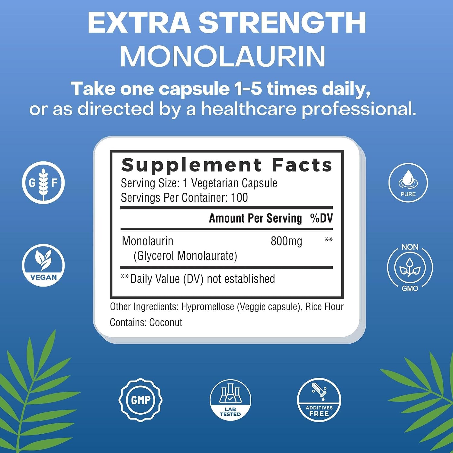 Palmara Health Extra Strength Monolaurin 1.600 mg por Dosis, 800 mg por Cápsula