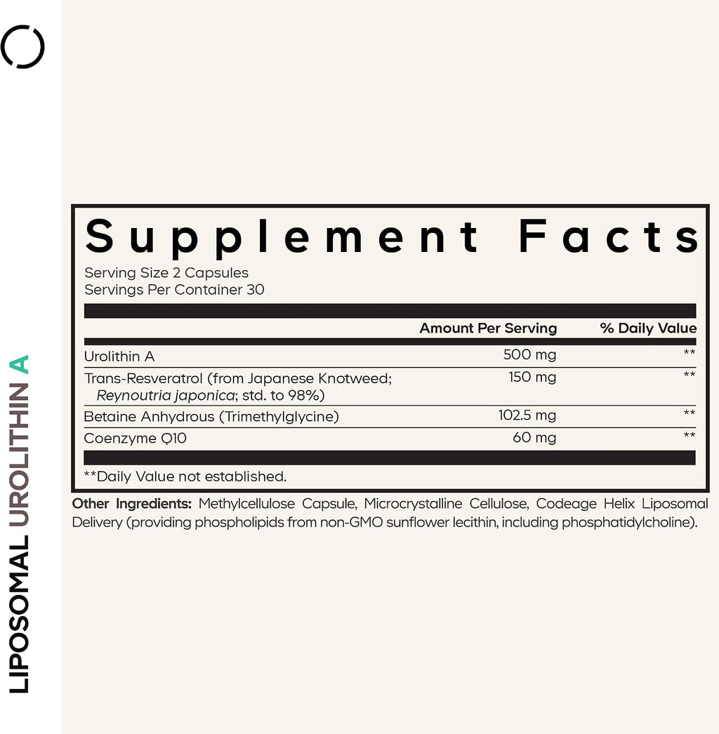 Codeage Liposomal Urolithin A 500mg con Resveratrol, Betaina y CoQ10 - 60 Cápsulas