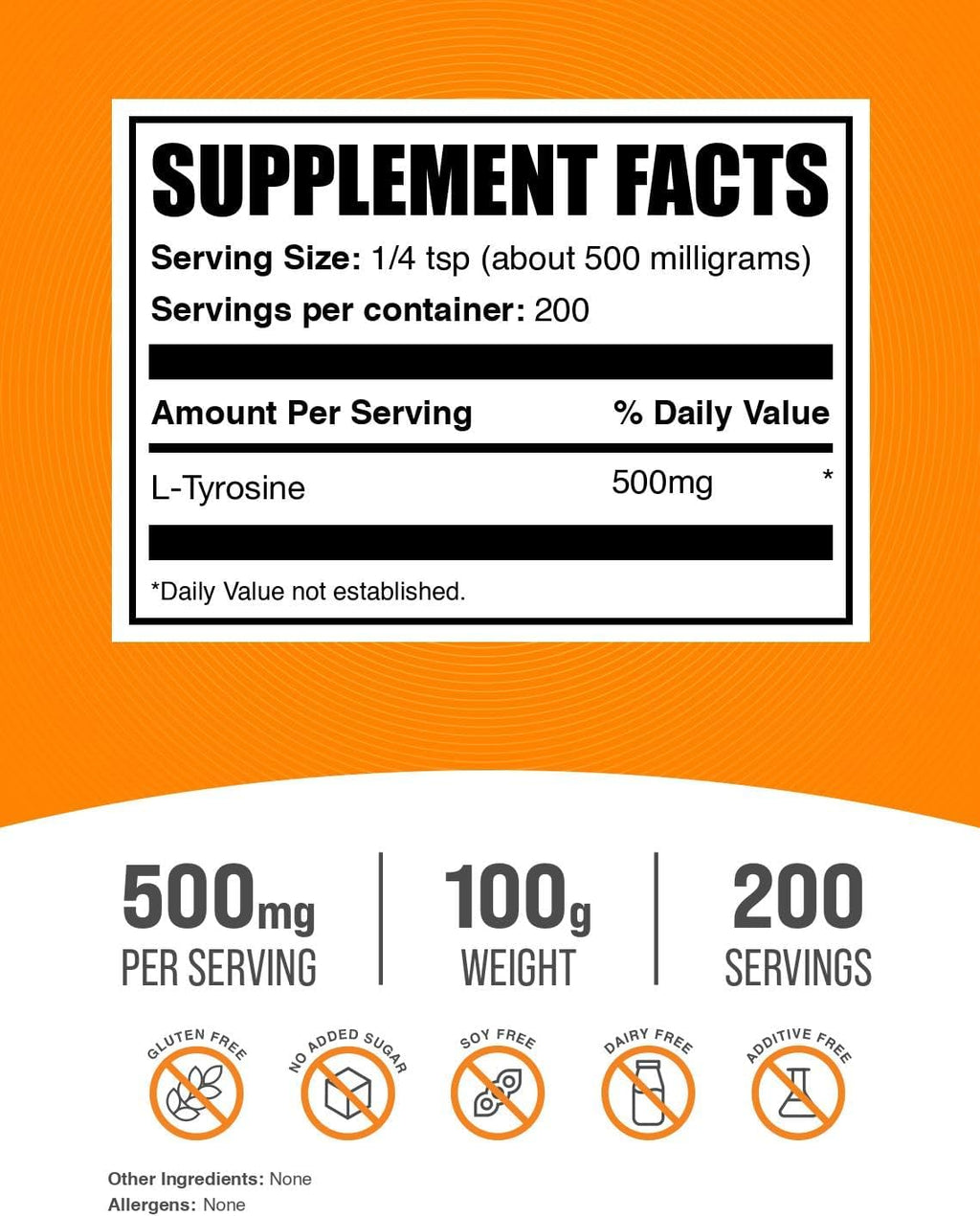 BulkSupplements L-Tirosina en Polvo - Suplemento Deportivo de Aminoácido - Sin Sabor, Sin Gluten, 500 mg por Dosis, 100 g
