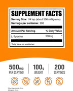 BulkSupplements L-Tirosina en Polvo - Suplemento Deportivo de Aminoácido - Sin Sabor, Sin Gluten, 500 mg por Dosis, 100 g
