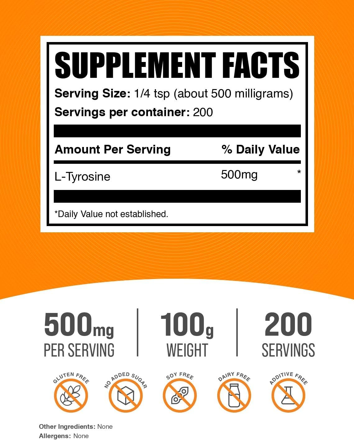 BulkSupplements L-Tirosina en Polvo - Suplemento Deportivo de Aminoácido - Sin Sabor, Sin Gluten, 500 mg por Dosis, 100 g
