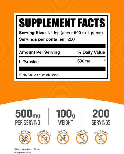 BulkSupplements L-Tirosina en Polvo - 500mg – Regulación del estado de ánimo: Como precursor de la dopamina, la – Image 2