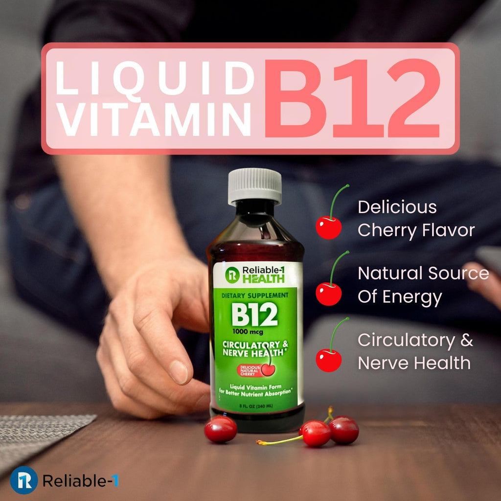 Reliable-1 Laboratories Vitamina B12 Líquida 1000mcg – Suplemento Diario para Hombres y Mujeres – Sabor Natural a Cereza