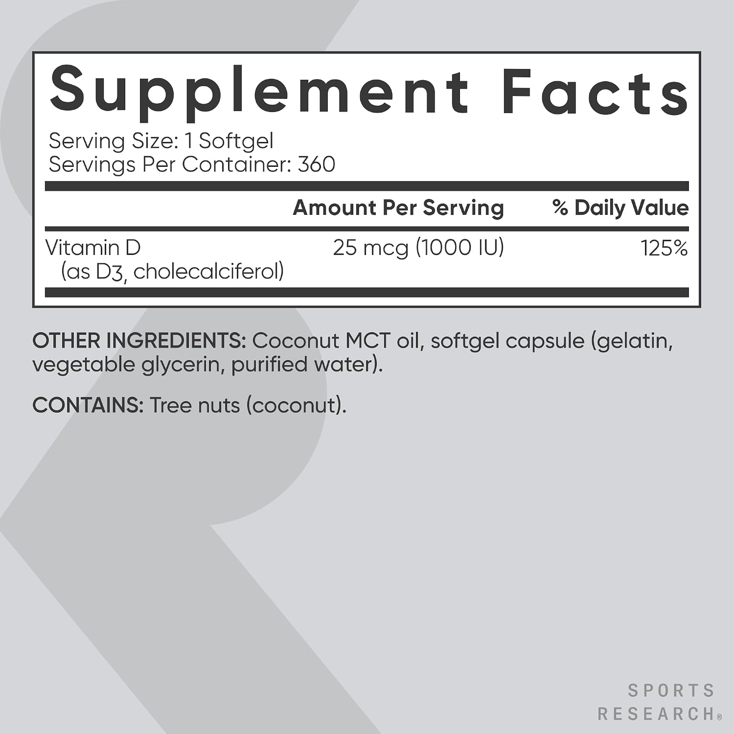Sports Research® Vitamina D3 1000 UI con Aceite MCT de Coco - Suplemento de Alta Potencia para el Apoyo Inmune y Óseo - Sin Gluten · No-GMO · Sin Soja - 360 Cápsulas Blandas