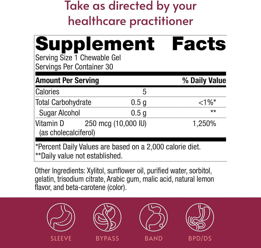 Bariatric Advantage Vitamin D3 Chewable Gels 10,000 IU - Natural Lemon Flavor - 30 Gels