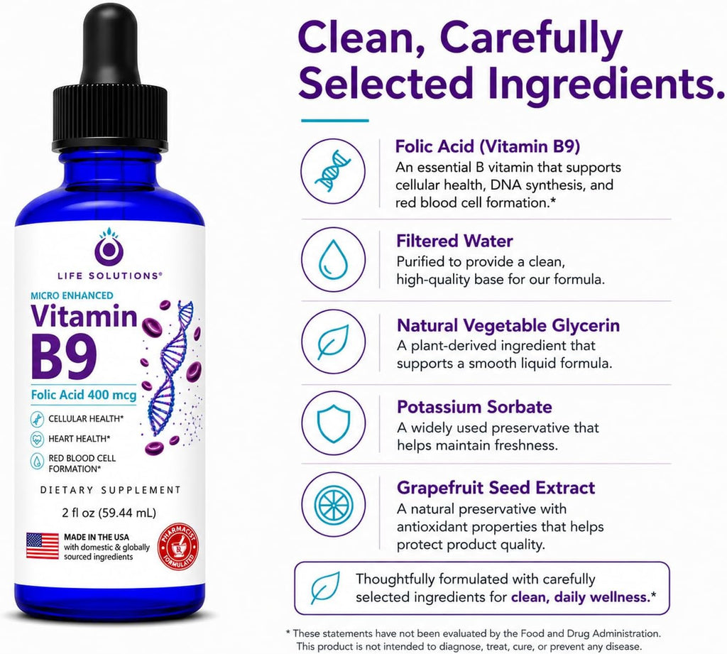 Life Solutions Vitamin B9 Gotas Líquidas de Ácido Fólico 400 mcg, 60 ml