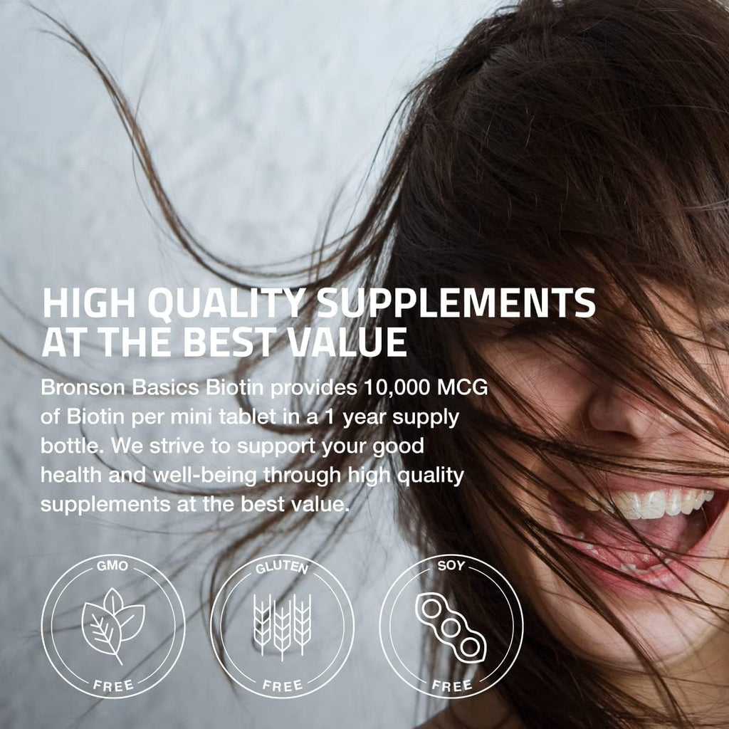 Bronson Biotina 10,000 mcg – Cabello, Piel y Uñas – Vegano – No Transgénico – 150 Comprimidos