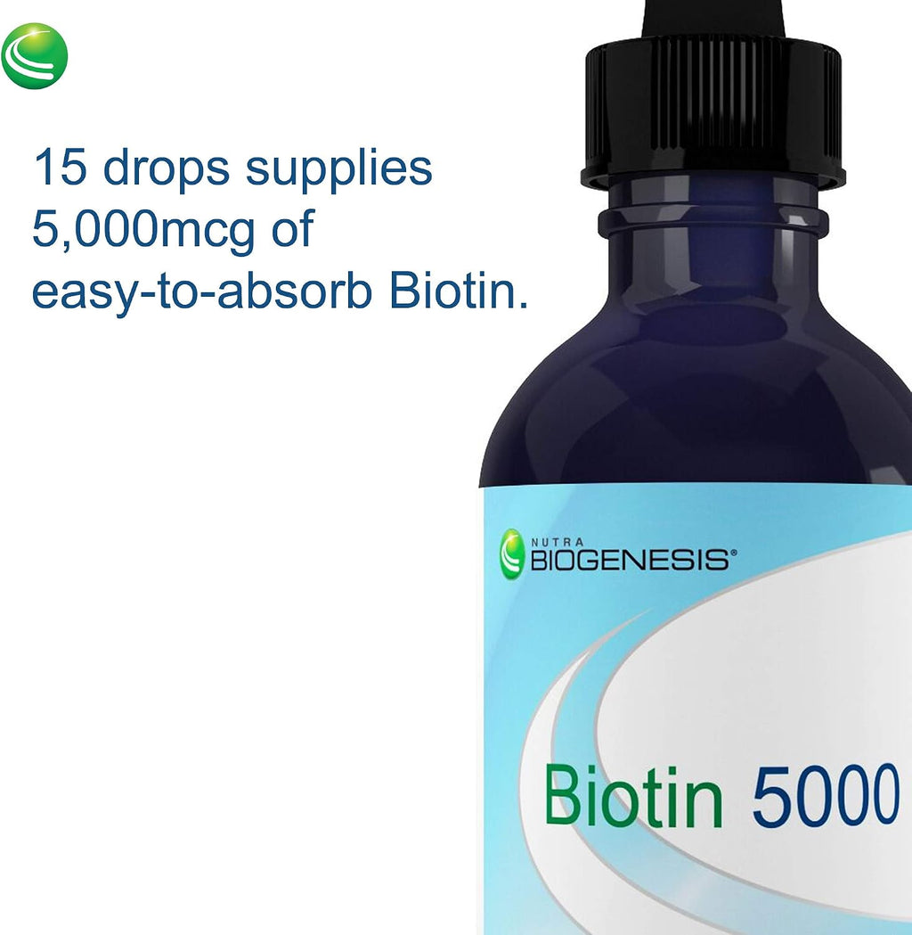 Nutra BioGenesis Biotina 5000 - Gotas de Biotina Líquida para Cabello, Piel y Uñas, Suplemento Puro para Mujeres y Hombres, 5000mcg por Porción - 59 mL (2 Oz Líq.) en Frasco de Vidrio