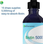 Nutra BioGenesis Biotina 5000 - Gotas de Biotina Líquida para Cabello, Piel y Uñas, Suplemento Puro para Mujeres y Hombres, 5000mcg por Porción - 59 mL (2 Oz Líq.) en Frasco de Vidrio
