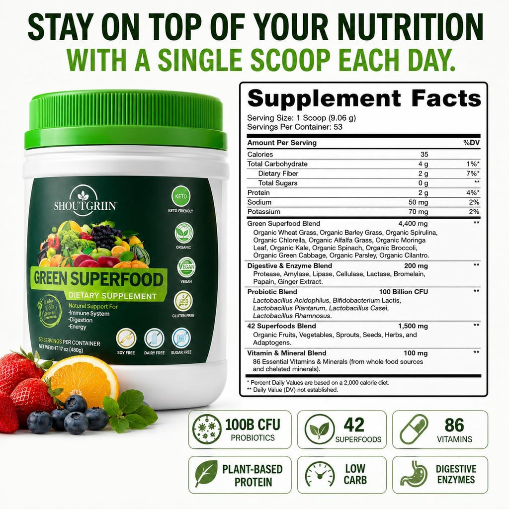 SHOUTGRIIN Green Superfood Powder – Super Greens Orgánicos con Probióticos y Enzimas