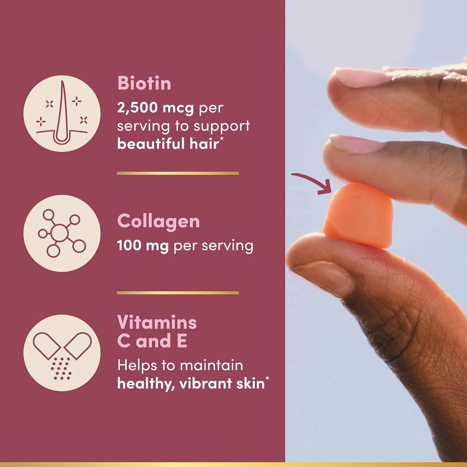 Nature's Bounty Optimal Solutions Hair, Skin and Nails Gominolas de Colágeno y Biotina, 2500 mcg de Biotina y 100 mg de Colágeno por ración, Sabor Cítrico Tropical, 200 uds.
