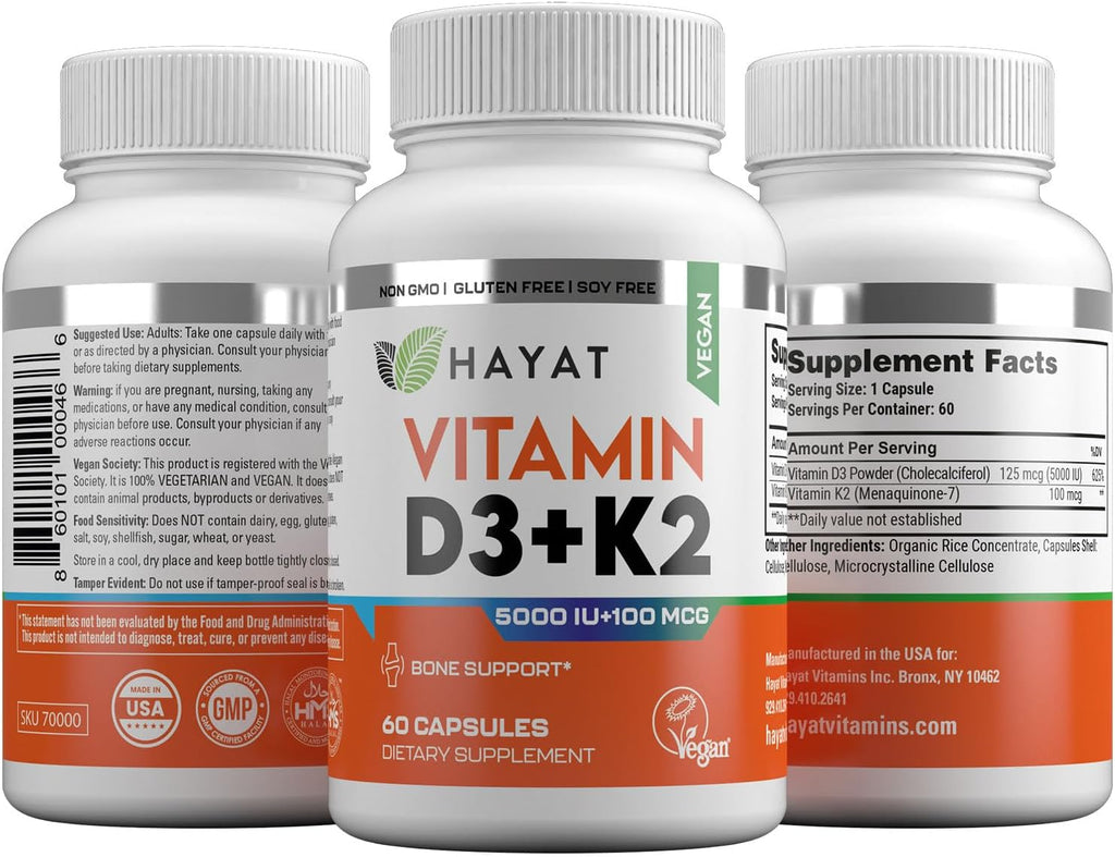 HAYAT Vitamins Vitamina D3+K2 Vegana (5000 UI + 100 mcg), 60 Cápsulas