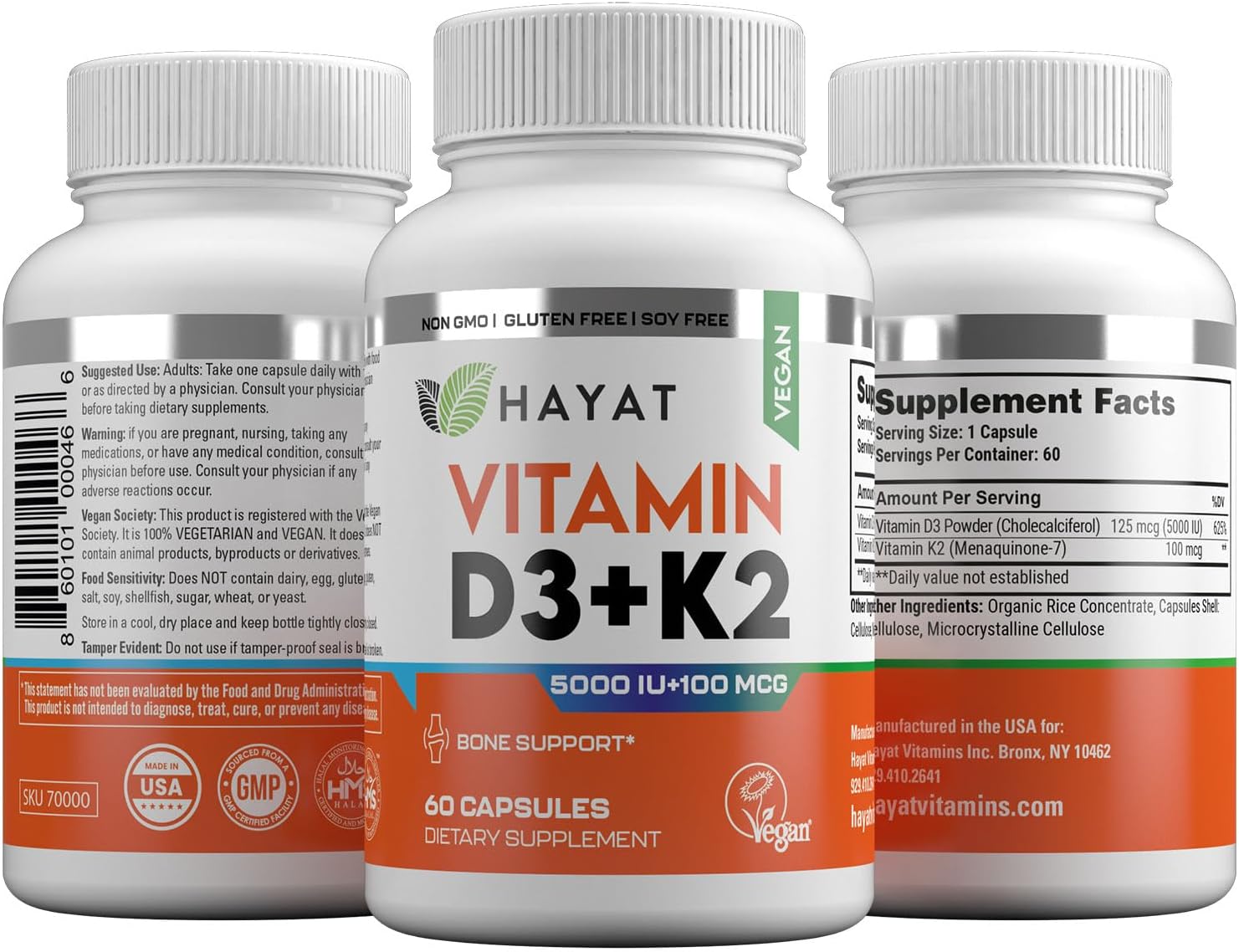 HAYAT Vitamins Vitamina D3+K2 Vegana (5000 UI + 100 mcg), 60 Cápsulas
