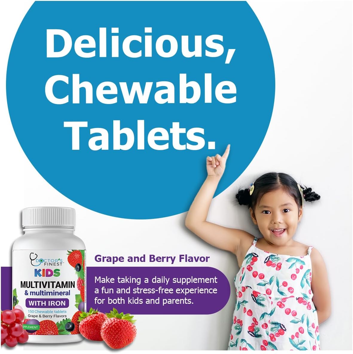 Doctor's Finest Multivitamínico y Multimineral Infantil con Hierro, Sabor Uva y Bayas, 150 Comprimidos Masticables