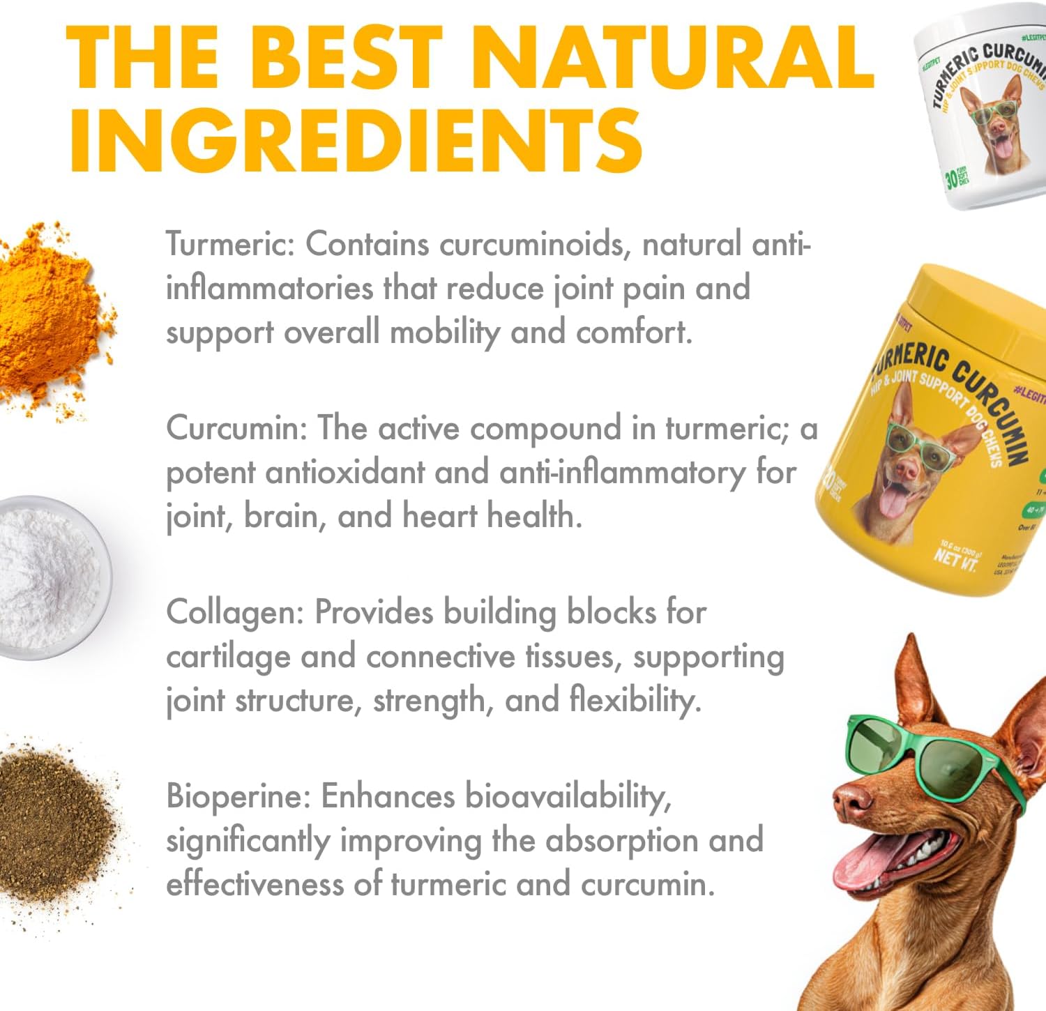 Turmeric Curcumina para Perros - Apoyo Articular y Movilidad con Colágeno y BioPerine - 120 Masticables