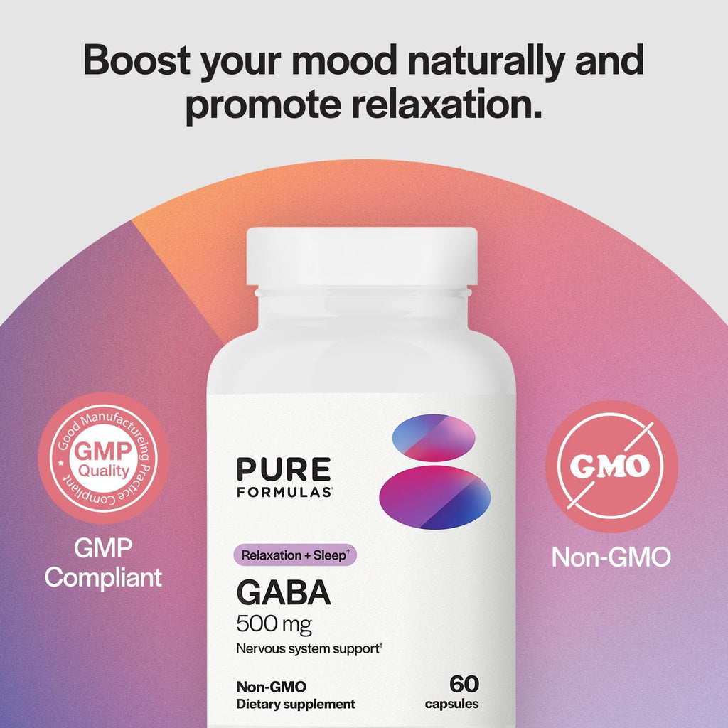 PureFormulas GABA 500 mg - 60 Cápsulas | Suplemento Alimenticio de GABA Natural (Ácido Gamma-Aminobutírico) | No OGM, Sin Gluten