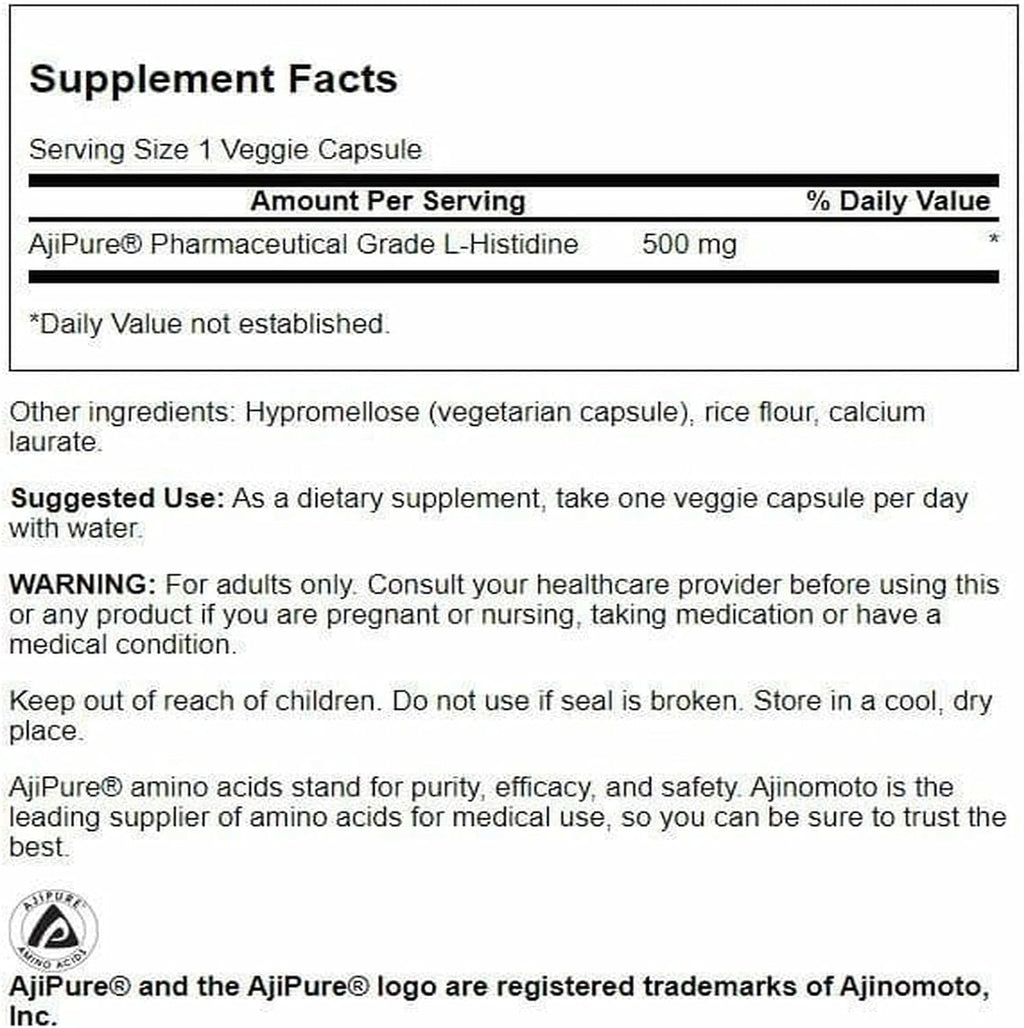 Swanson Ultra L-Histidina 500 mg con AjiPure - 60 Cápsulas Veganas (2 Unidades)