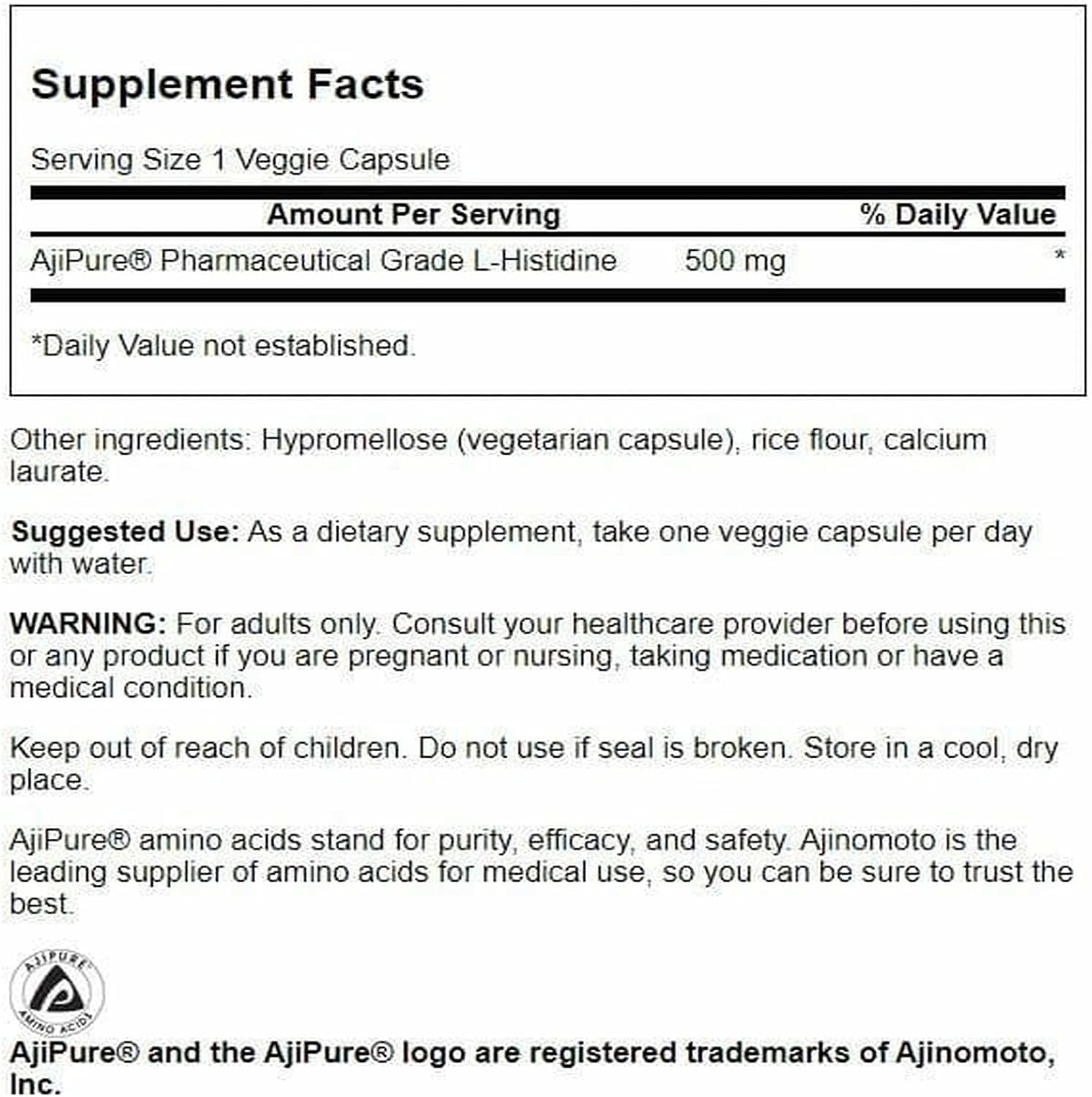 Swanson Ultra L-Histidina 500 mg con AjiPure - 60 Cápsulas Veganas (2 Unidades)