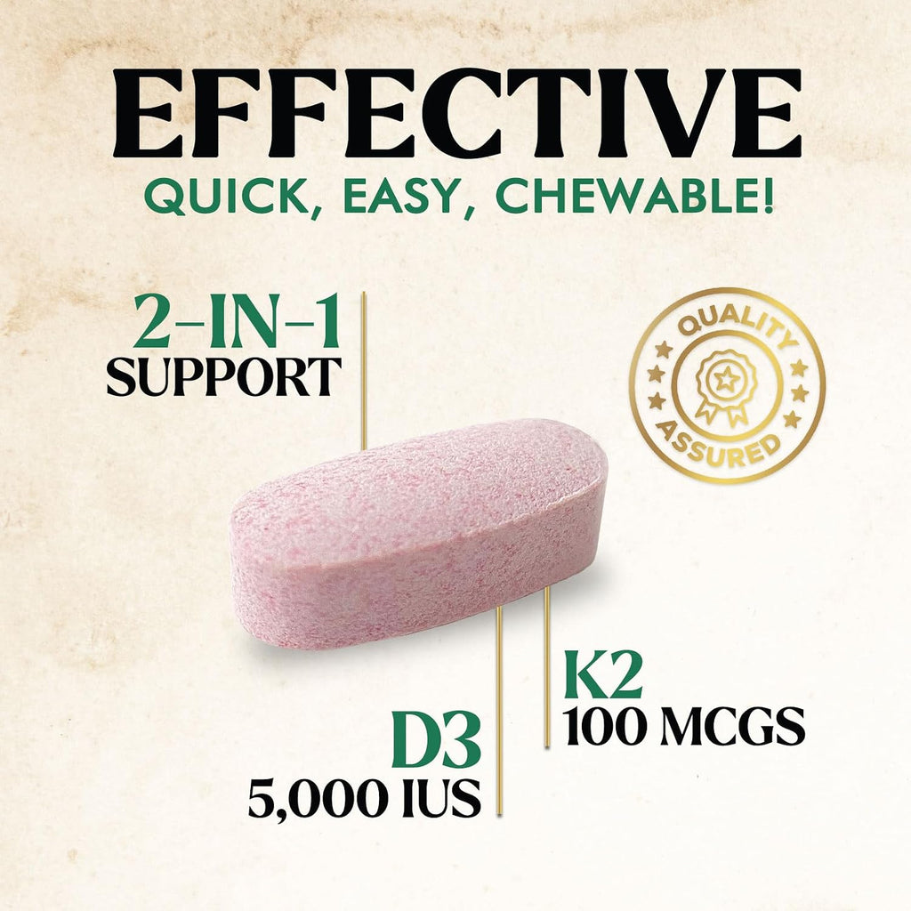 Nature's Nutrition Vitamina D3 K2 5000 UI + 100 mcg K2 MK-7, 120 Comprimidos Masticables Sabor Baya