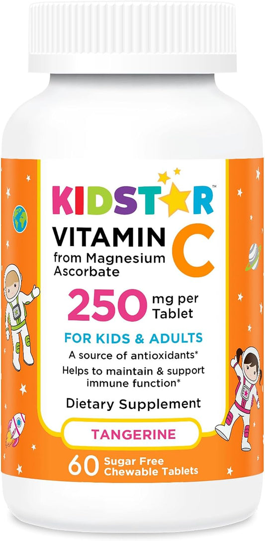 KidStar Nutrients Vitamina C Masticable, Sin Azúcar, Sabor Mandarina, 250 mg de Ascorbato de Magnesio, 60 Comprimidos