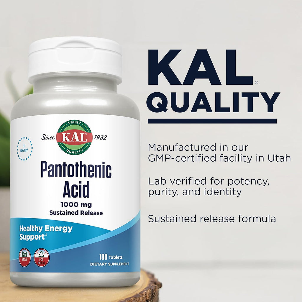 KAL Ácido Pantoténico 1000 mg - Vitamina B5 - Liberación Sostenida - 100 Comprimidos Veganos