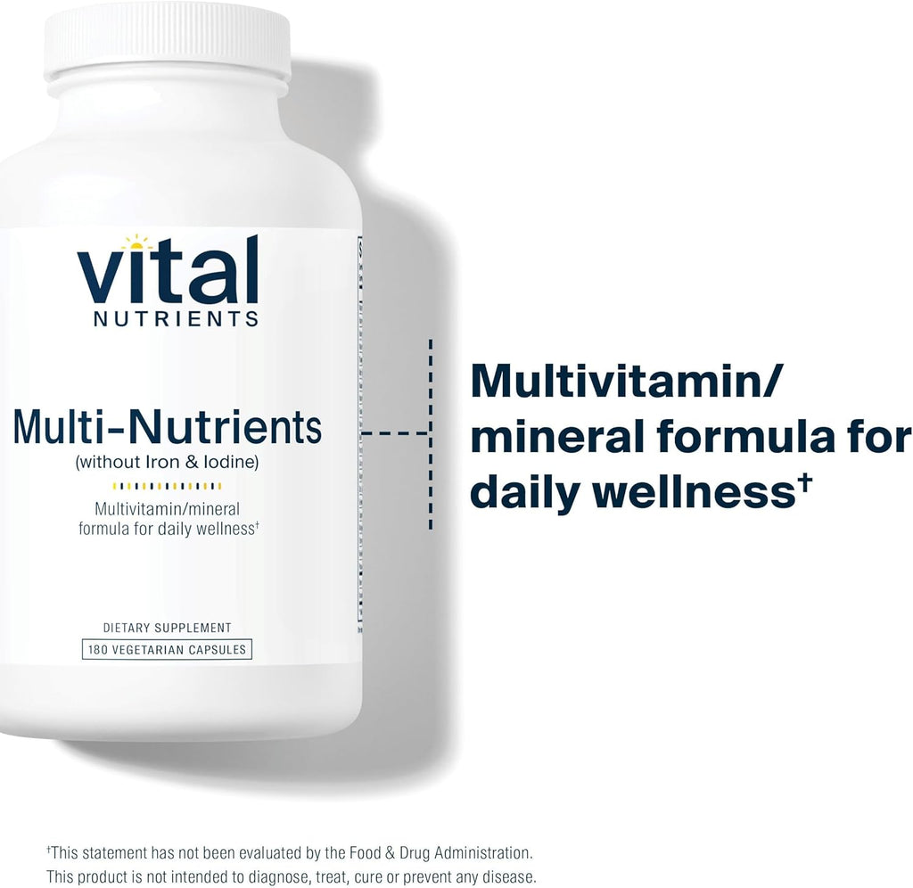 Vital Nutrients Multi-Nutrients - Multivitamínico sin hierro ni yodo, 180 cápsulas