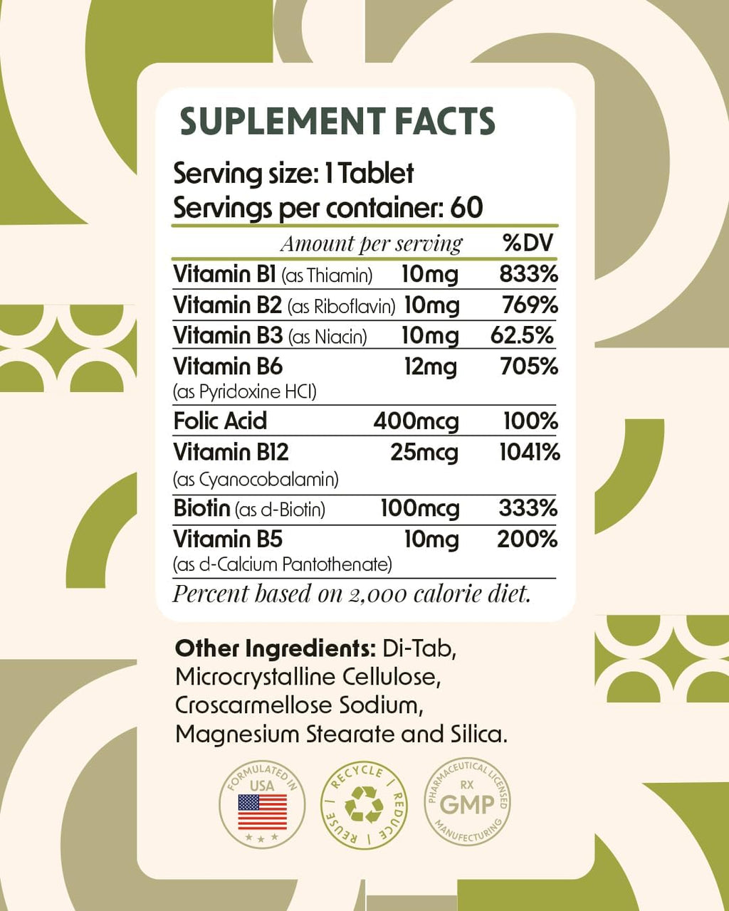Alpha & Omega Nutrition Vitamin B-Complex + Folic Acid, Support Neurological Health, Energy Levels & Nervous System Support, Vitamin B12, Biotin & More - 60 Tablets, 2 Mo Supply