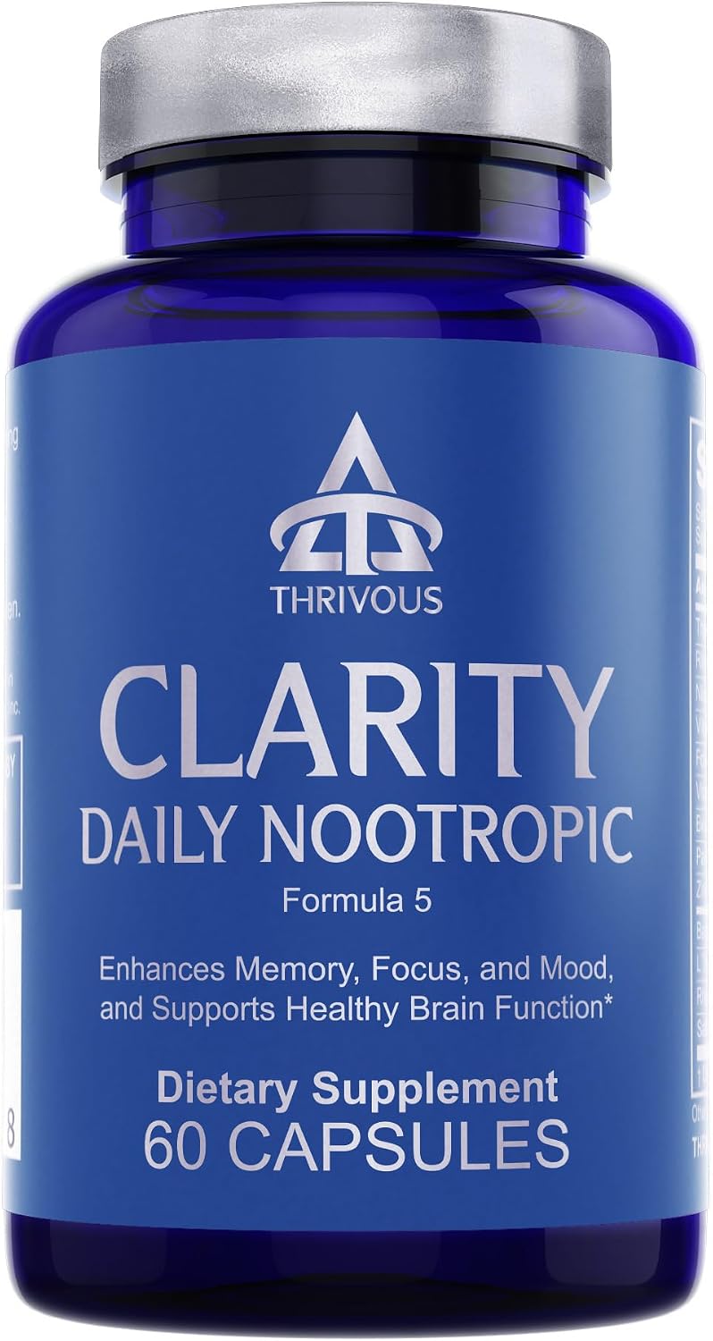 Thrivous Clarity Daily Nootropic – Fórmula Cognitiva y de Ánimo con Bacopa (Synapsa®), L-Theanina, Rhodiola Rosea, Complejo B y Zinc Picolinato – 60 Cápsulas Veganas