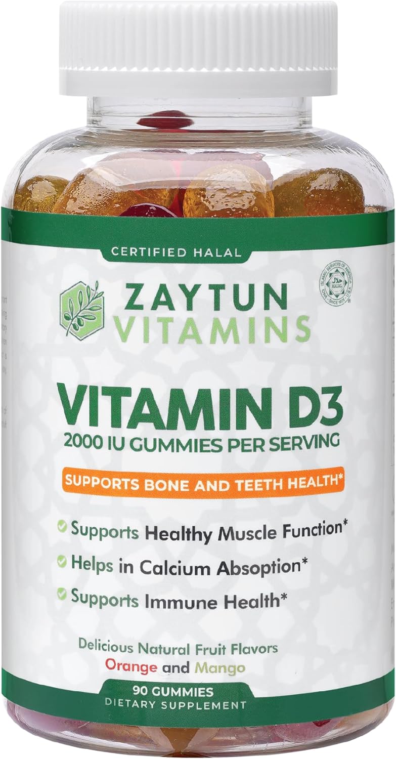 Zaytun Halal Vitamina D3 2000 UI Gomitas, Apoya la Salud Ósea e Inmune, 90 Gomitas Sabor Fruta Natural