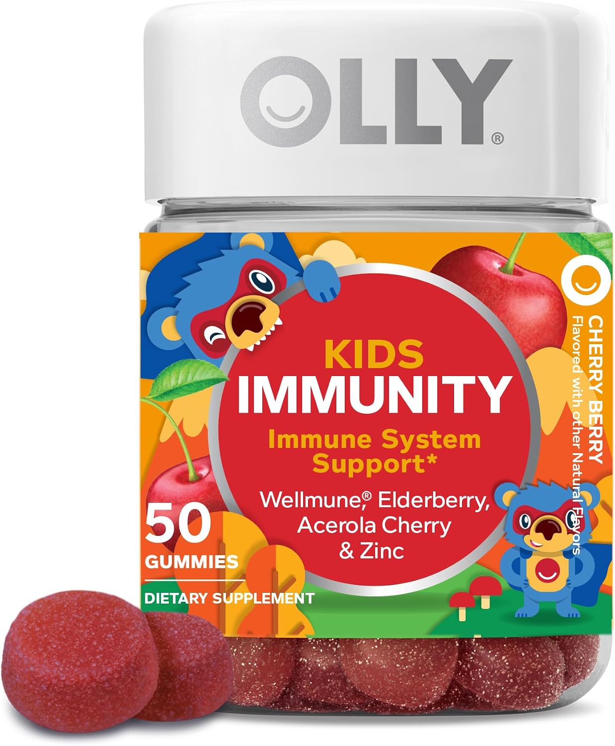 OLLY Kids Immunity Gummy - Immune Support with Wellmune, Elderberry, Vitamin C & Zinc - 50 Cherry Flavor Gummies