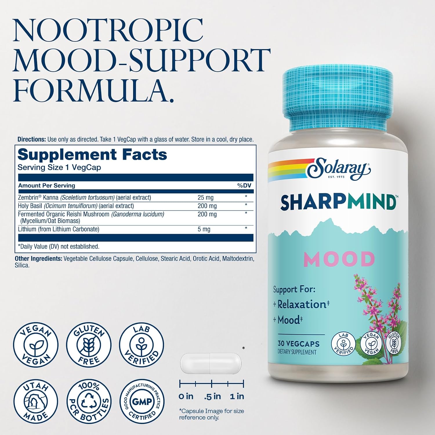 Solaray SharpMind Mood: Suplemento Nootrópico con Zembrin, Albahaca Santa, Litio y Reishi Orgánico para el Bienestar Emocional (30 Cápsulas Veganas)
