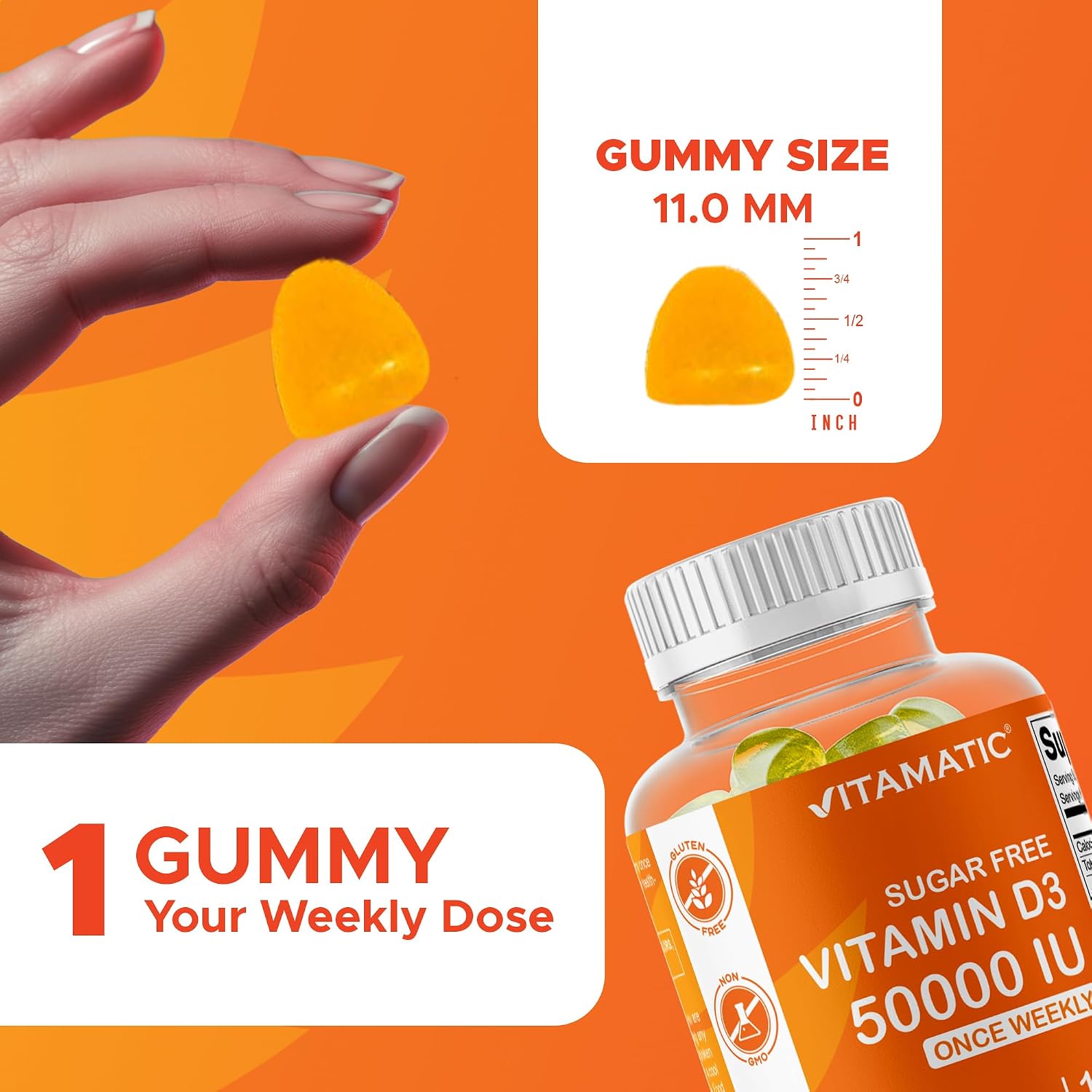 Vitamatic Vitamina D3 50.000 UI Sin Azúcar - 120 Gomitas de Pectina - Suplemento Semanal para Huesos, Dientes y Sistema Inmunológico
