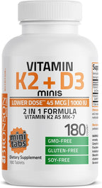 Bronson Vitamina K2 (MK-7) con D3 Dosis Baja 45 mcg K2 y 1000 UI D3 Comprimidos Mini para Mantenimiento Diario 2 en 1 No GMO, 180 Comprimidos