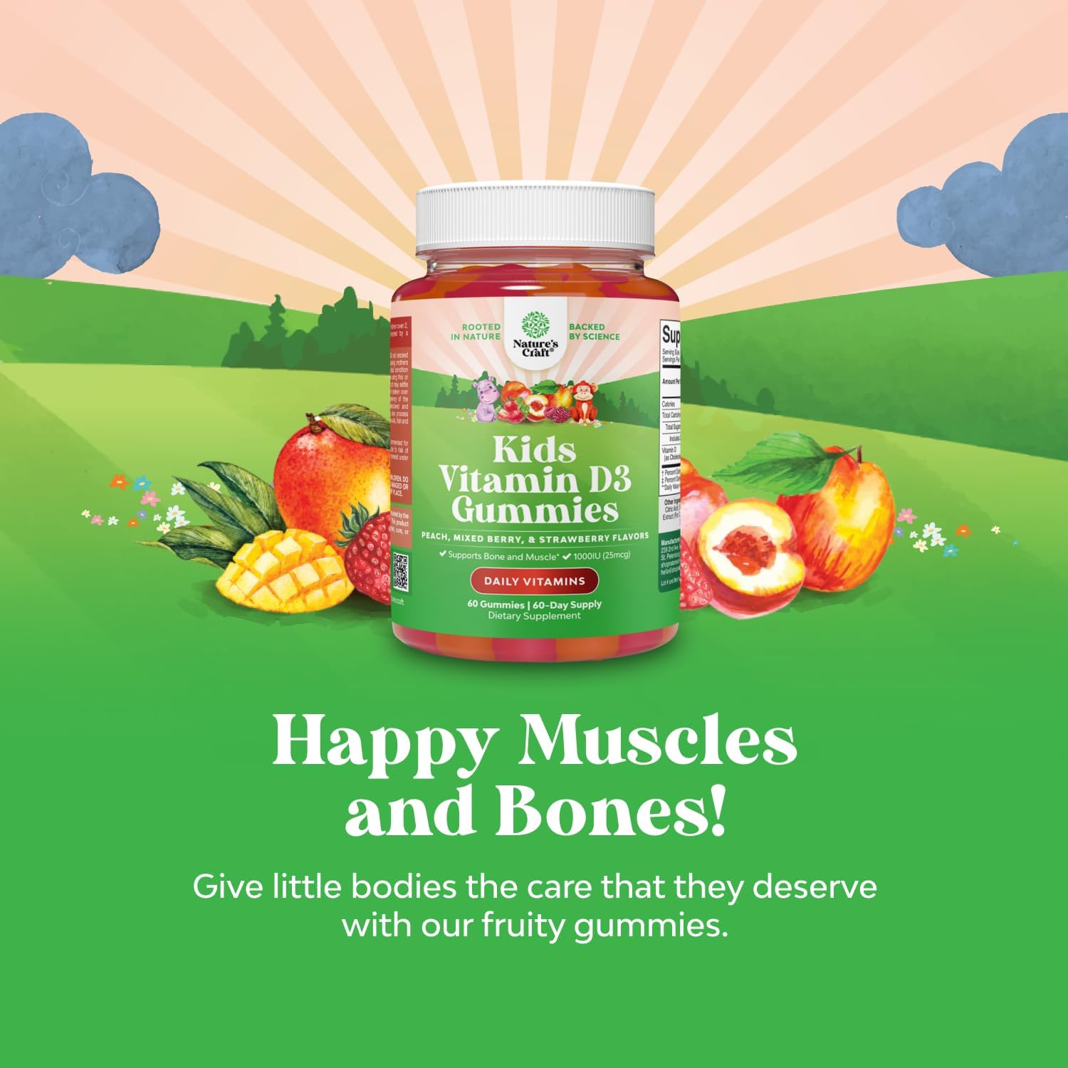 Gominolas de Vitamina D3 para Niños - 1000 UI por Ración - Sabores Frutales Sin Gelatina - 60 Unidades