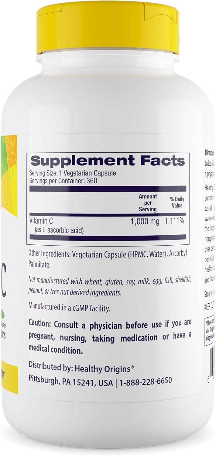 Healthy Origins Vitamina C 1000 mg (No GMO, Alta Potencia, Apoyo Inmunitario, Vegano), 360 Cápsulas Vegetales