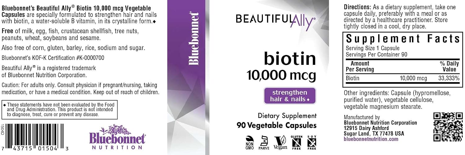 Bluebonnet Nutrition Beautiful Ally Biotina 10.000 mcg – Cápsulas Vegetales para Cabello y Uñas