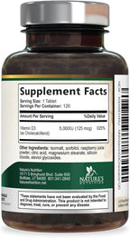 Vitamina D3 5000 UI (125 mcg) por ración - Comprimidos masticables extra fuertes para el apoyo inmunitario, huesos, dientes y músculos - Sin azúcar, sin gluten, envasado en EE. UU. - 120 comprimidos