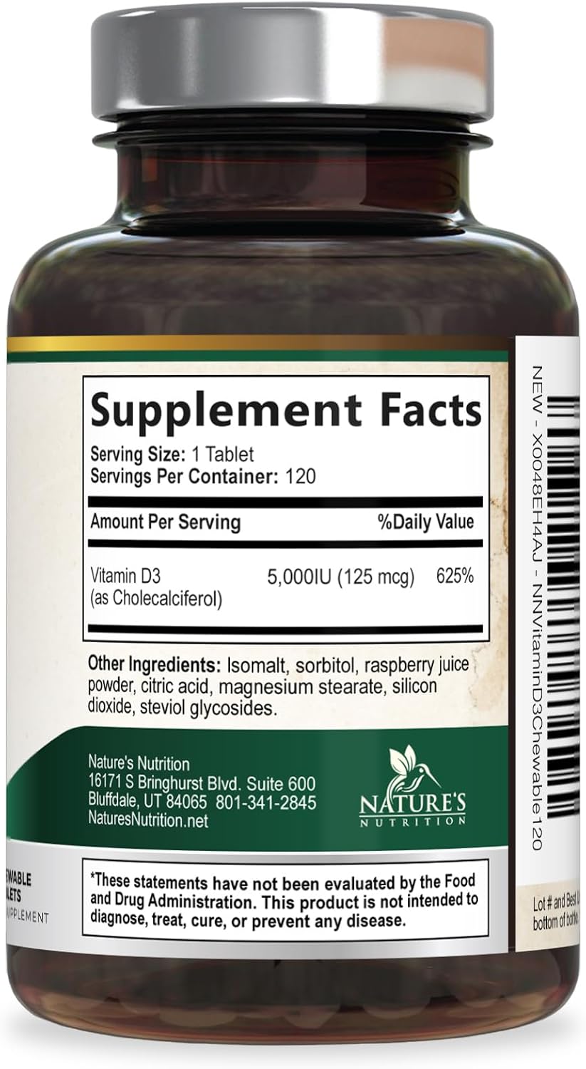 Vitamina D3 5000 UI (125 mcg) por ración - Comprimidos masticables extra fuertes para el apoyo inmunitario, huesos, dientes y músculos - Sin azúcar, sin gluten, envasado en EE. UU. - 120 comprimidos
